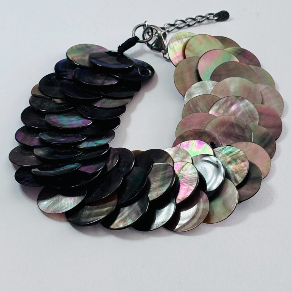 Chico's Iridescent Mother of Pearl Shell Sequin Statement Bracelet Antiqued
